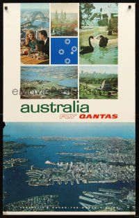 8a264 AUSTRALIA FLY QANTAS Australian travel poster '70s cool aerial shot of Sydney!