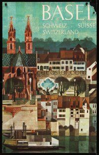 8a265 BASEL SWITZERLAND Swiss travel poster '60s wonderful Schneider art of village!