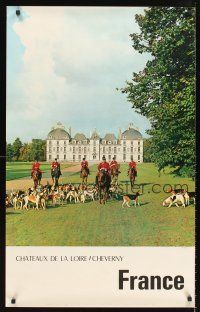 8a287 FRANCE: CHATEAUX DE LA LOIRE CHEVERNY French travel poster '60s fox hunt & chateau!