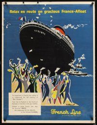 8a297 FRENCH LINE FRANCE-AFLOAT travel poster '57 wonderful Villemot art of cruise ship & people!
