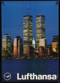 8a313 LUFTHANSA German travel poster '90s great image of World Trade Center towers & NYC skyline!