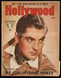 8b107 HOLLYWOOD magazine March 1940 great head & shoulders portrait of Tyrone Power!