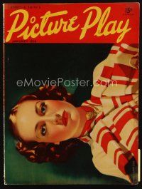 8b116 PICTURE PLAY magazine January 1938 cool horizontal art of Joan Crawford by A. Redmond!