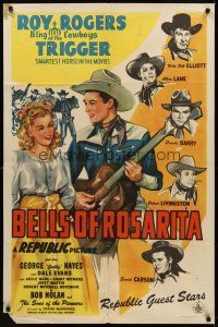 8c077 BELLS OF ROSARITA 1sh '45 wonderful artwork of Roy Rogers w/ guitar, Dale Evans & stars!