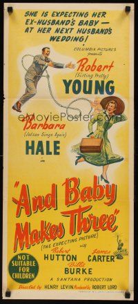 8d567 AND BABY MAKES THREE Aust daybill '49 Robert Young, Barbara Hale, different stone litho!