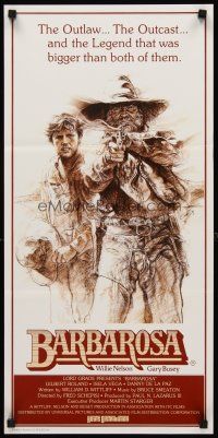 8d581 BARBAROSA Aust daybill '82 great art of Gary Busey & Willie Nelson with smoking gun!