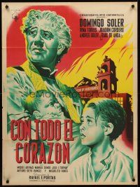 8d038 CON TODO EL CORAZON Mexican poster '51 Mendoza art of priest w/baby by destroyed church!