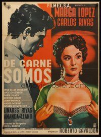 8d040 DE CARNE SOMOS Mexican poster '55 artwork of sexy Marga Lopez pulling her shirt open!