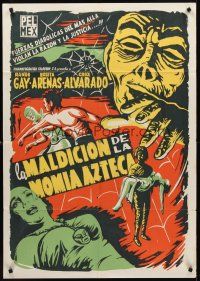 8d059 LA MALDICION DE LA MOMIA AZTECA Mexican export poster R60s Aztec mummy & masked wrestler!