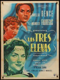 8d065 LAS TRES ELENAS Mexican poster '54 art of Amelia Bence, Fabregas & top stars!