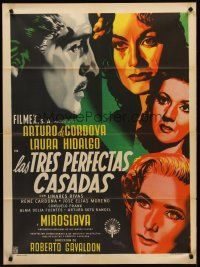 8d066 LAS TRES PERFECTAS CASADAS Mexican poster '52 Renau art of Arturo de Cordova & pretty women!