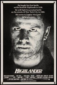 8e328 HIGHLANDER 1sh '86 huge close up headshot of immortal Christopher Lambert!