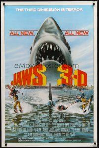 8e375 JAWS 3-D 1sh '83 great Gary Meyer shark artwork, the third dimension is terror!