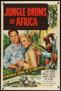 8e380 JUNGLE DRUMS OF AFRICA 1sh '52 Clayton Moore with gun & Phyllis Coates, entire serial!