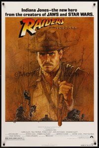 8e588 RAIDERS OF THE LOST ARK 1sh '81 great art of adventurer Harrison Ford by Amsel!