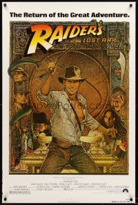 8e589 RAIDERS OF THE LOST ARK 1sh R82 great art of adventurer Harrison Ford by Richard Amsel!