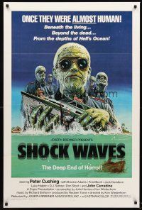 8e677 SHOCK WAVES 1sh '77 Peter Cushing, cool art of wacky ocean zombies terrorizing boat!