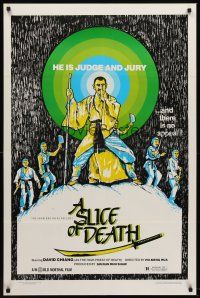 8e685 SLICE OF DEATH 1sh '83 he is judge and jury and there is no appeal, cool art by T. Knipe!