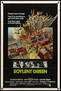 8e692 SOYLENT GREEN 1sh '73 art of Charlton Heston trying to escape riot control by John Solie!