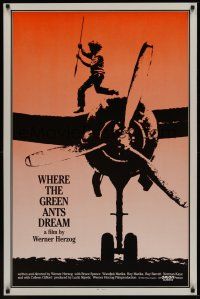 8e811 WHERE THE GREEN ANTS DREAM 1sh '84 Werner Herzog, cool image of Aborigine on plane!