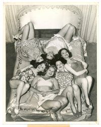 8g102 HAPPY GO LUCKY 10.25x13 still '43 six sexy showgirls in a circle on a bed!