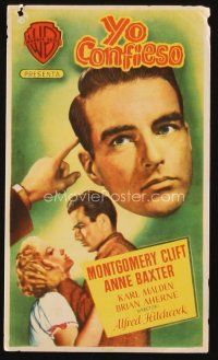 8g794 I CONFESS Spanish herald '53 Alfred Hitchcock, Montgomery Clift shaking Anne Baxter!