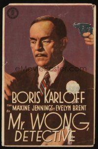 8g852 MR. WONG, DETECTIVE Spanish herald '44 c/u of Asian Boris Karloff with gun to his head!