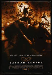 8h063 BATMAN BEGINS June 15 DS advance 1sh '05 Bale as Caped Crusader carrying Katie Holmes!