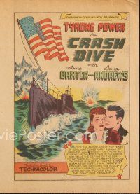 8p035 CRASH DIVE herald '43 cool comic book style with Tyrone Power & Anne Baxter!