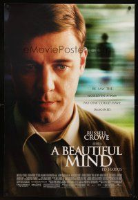 8z090 BEAUTIFUL MIND DS 1sh '01 Ron Howard directed, great close up image of Russell Crowe!