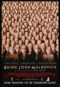 8z095 BEING JOHN MALKOVICH int'l 1sh '99 Spike Jonze, wacky image of lots of Malkovich masks!