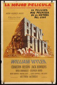 9c061 BEN-HUR 1sh '60 Charlton Heston, William Wyler classic religious epic, chariot art!