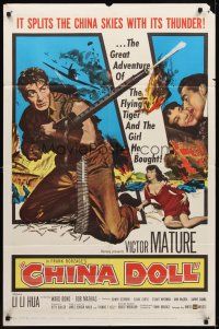 9c125 CHINA DOLL 1sh '58 cool art of Flying Tiger Victor Mature with huge machine gun!
