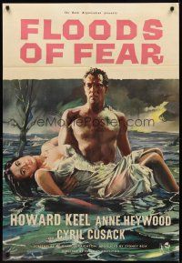9c251 FLOODS OF FEAR English 1sh '59 art of barechested Howard Keel holding sexy Anne Heywood!