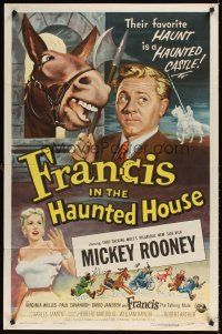 9c263 FRANCIS IN THE HAUNTED HOUSE 1sh '56 wacky art of Mickey Rooney w/Francis the talking mule!