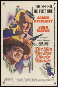 9c513 MAN WHO SHOT LIBERTY VALANCE 1sh '62 John Wayne & James Stewart 1st time together, John Ford