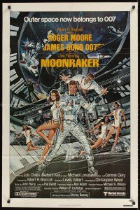 9c544 MOONRAKER 1sh '79 art of Roger Moore as James Bond & sexy Lois Chiles by Goozee!