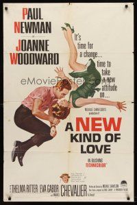 9c567 NEW KIND OF LOVE 1sh '63 Paul Newman loves Joanne Woodward, great romantic image!