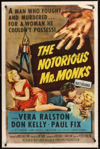 9c585 NOTORIOUS MR. MONKS 1sh '58 a man who fought and murdered for a woman he couldn't possess!