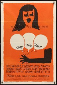 9c598 ONE, TWO, THREE 1sh '62 Billy Wilder, wonderful Saul Bass art of girl with balloons!