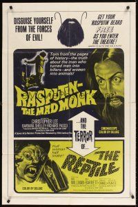 9c663 RASPUTIN THE MAD MONK/REPTILE 1sh '66 wacky Hammer double-bill, free Rasputin beards!