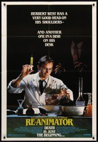 9c667 RE-ANIMATOR 1sh '85 great image of mad scientist with severed head in bowl!