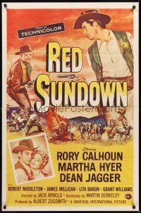 9c668 RED SUNDOWN 1sh '56 great western art of Rory Calhoun, Martha Hyer & Dean Jagger!