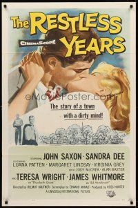 9c672 RESTLESS YEARS 1sh '58 John Saxon & Sandra Dee are condemned by a town with a dirty mind!