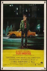 9c835 TAXI DRIVER 1sh '76 classic art of Robert De Niro by cab, directed by Martin Scorsese!