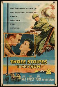 9c875 THREE STRIPES IN THE SUN 1sh '55 Aldo Ray falls for Japanese translator Mitsuko Kimura!