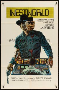 9c963 WESTWORLD 1sh '73 Michael Crichton, cool artwork of cyborg cowboy Yul Brynner by Neal Adams!