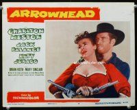 9d210 ARROWHEAD LC #6 '53 close up of Charlton Heston with guns drawn & holding Mary Sinclair!