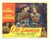 9d332 CRY DANGER LC #5 '51 close up of Dick Powell & Rhonda Fleming having dinner in restaurant!