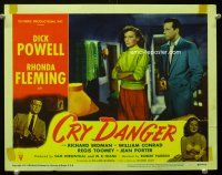 9d333 CRY DANGER LC #7 '51 Dick Powell stares at pretty angry Rhonda Fleming, film noir!